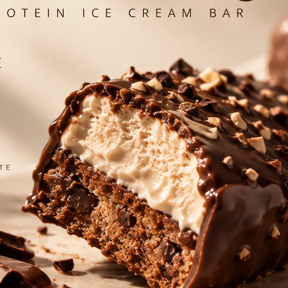 Concept rendering of the layered frozen bar showing chocolate shell, creamy ice cream, and a dense base