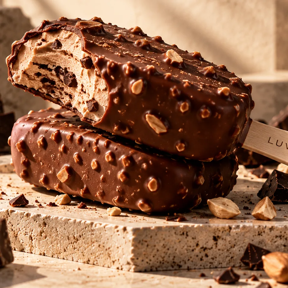 Concept image of LUVENQA chocolate-coated bars showing their layered filling