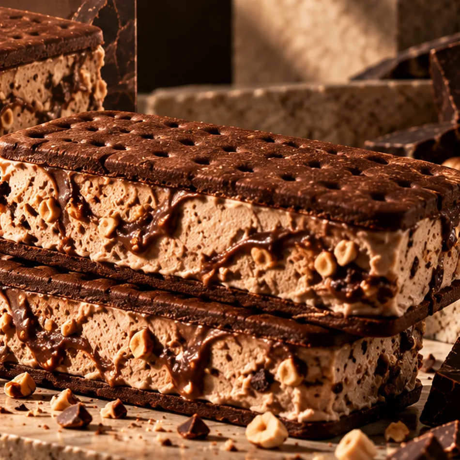 Concept image of chocolate ice cream sandwiches with a creamy frozen filling